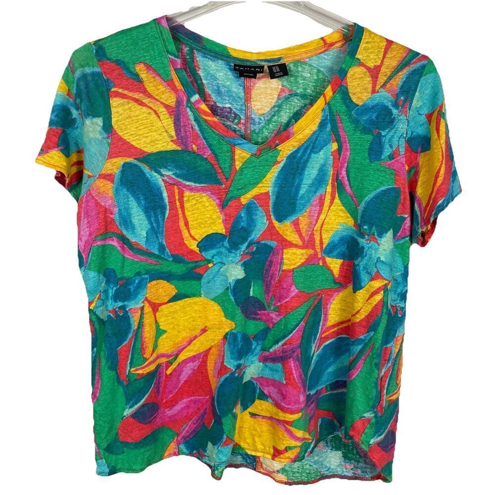 Tahari Linen Top Size 1X Vibrant Multicolored Tropical Beachy Hawaiian Vacation